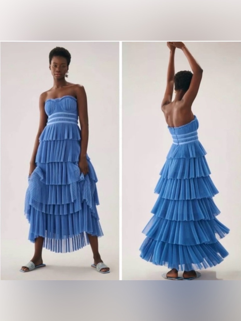 Anthropologie Hutch Blue Tiered Strapless Tulle Ruffle Gown Party Dress 6